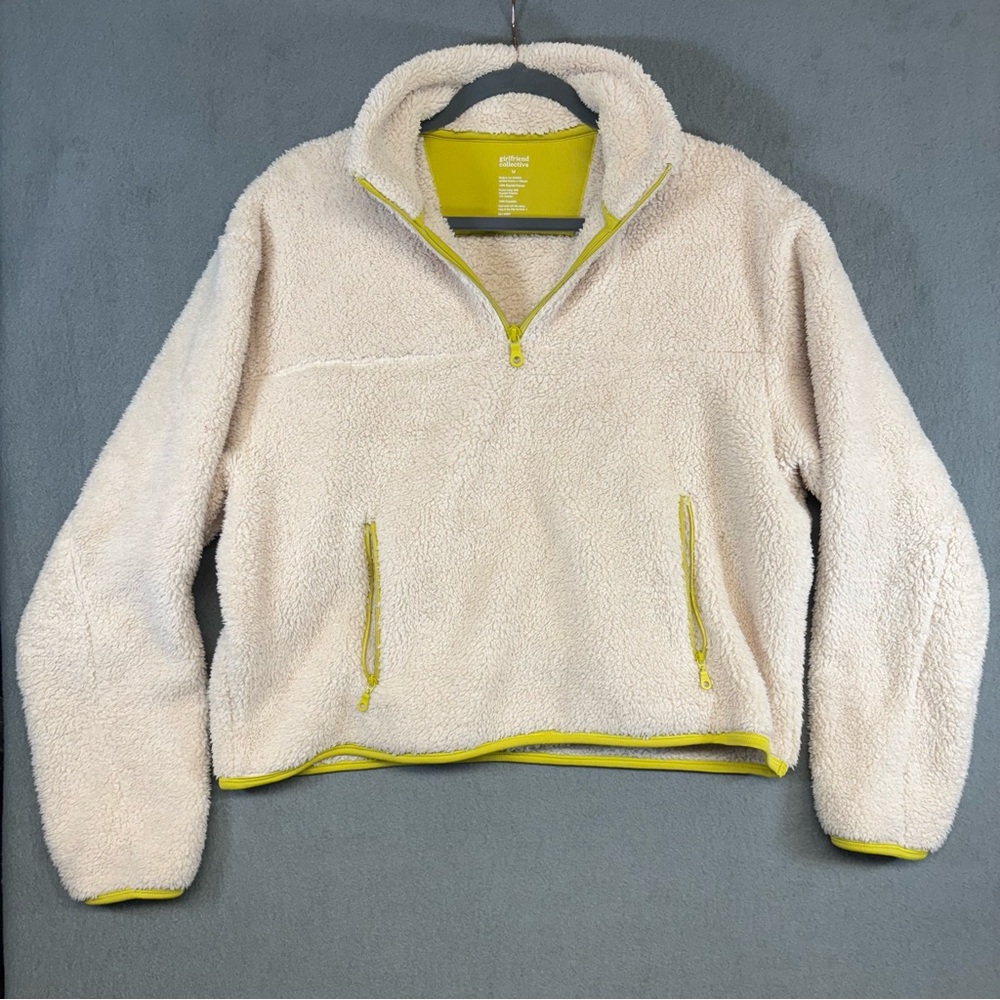 Girlfriend Collective Fleece Jacket Womens Medium Half 1/2 Zip Cream Sherpa Crop - Picture 3 of 6